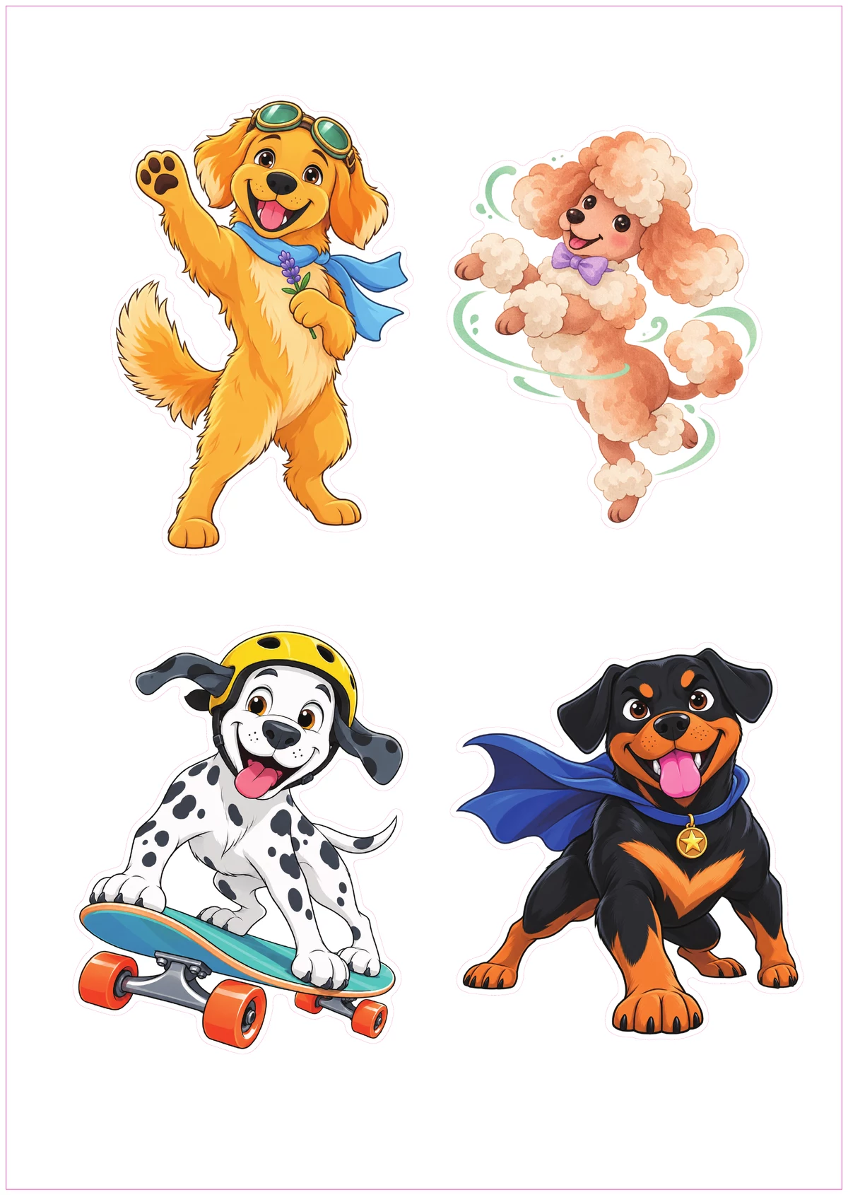 Actual Pressria production PDF preview with four different die-cut sticker designs and individual contour cut lines
