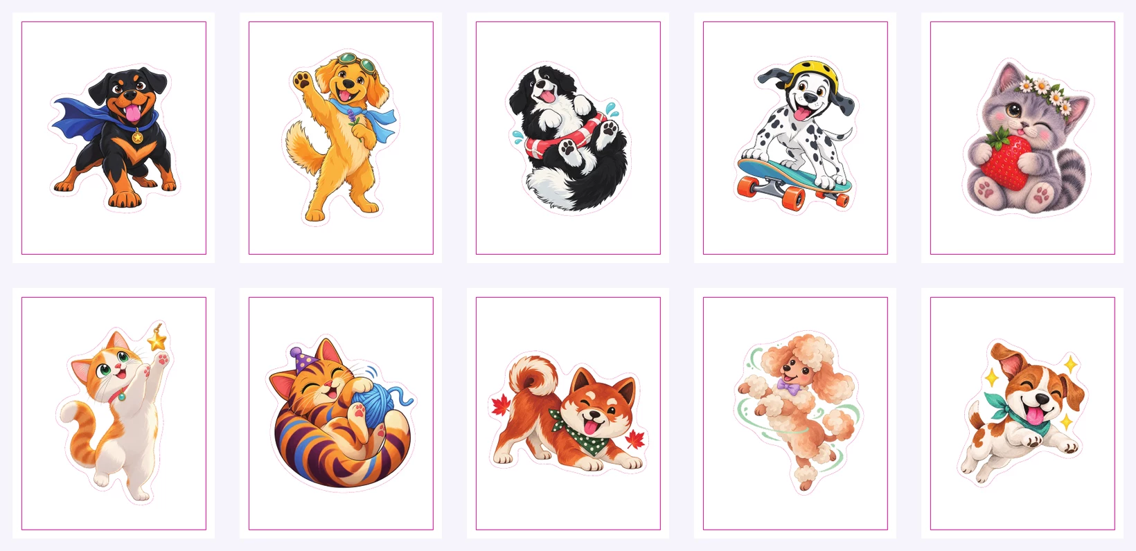 Ten-page Pressria kiss-cut seal order preview, with one different design on each page